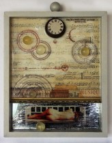 jazero collage w starej szufladzie. drewno, szkło, foto, żywica epoksydowa.