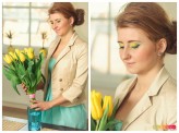 RoksanaT Makijaż pod kolor kwiatów: żółto-zielony, podkreślona linia rzęs i delikatnie wydłużona ponad zewnętrzny kącik oka tzw. kocie oko. Optycznie uniesione powieki do góry.