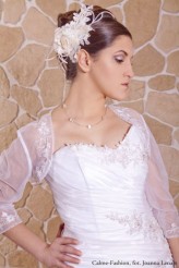 calme-fashion                             Suknia ślubna z drapowanym organtynowym gorsetem ze zdobionymi aplikacjami w srebrym kolorze na lewym boku gorsetu.Dół sukni zwiewny i lekki.Suknia nie posiada trenu.
Cena sukni 1600zł            