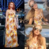 DanielJacobDali Paris Hilton w sukience z letniej kolekcji 'Universum' marki Daniel Jacob Dali. Luty 2016