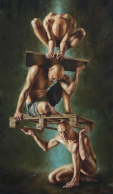 AntonH "Balance"   Oil on Linnen  240cm x 140cm
Politically, it shows the 3 class system. Lower class, middle class, upper class. Or religiously: body, mind and soul. But your own interpretation is of course the correct answer to the painting.