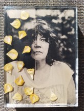MirekM Mokry kolodion. Obiekt fotograficzny 3D.  Fotografia eksperymentalna. Unikat. Płyta kolodionowa z zalanymi w żywicy płatkami kwiatu. Widoczne cienie płatków.
foto komórką, 
